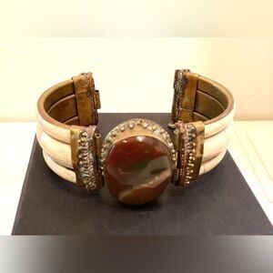 Agate Stone Brass Bracelet Stone Cuff 70’s -80’s Vintage Chunky Bracelet